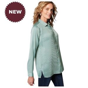 J. Jill Pleated Satin Blouse Top in Light Mint Green NWT Size Large